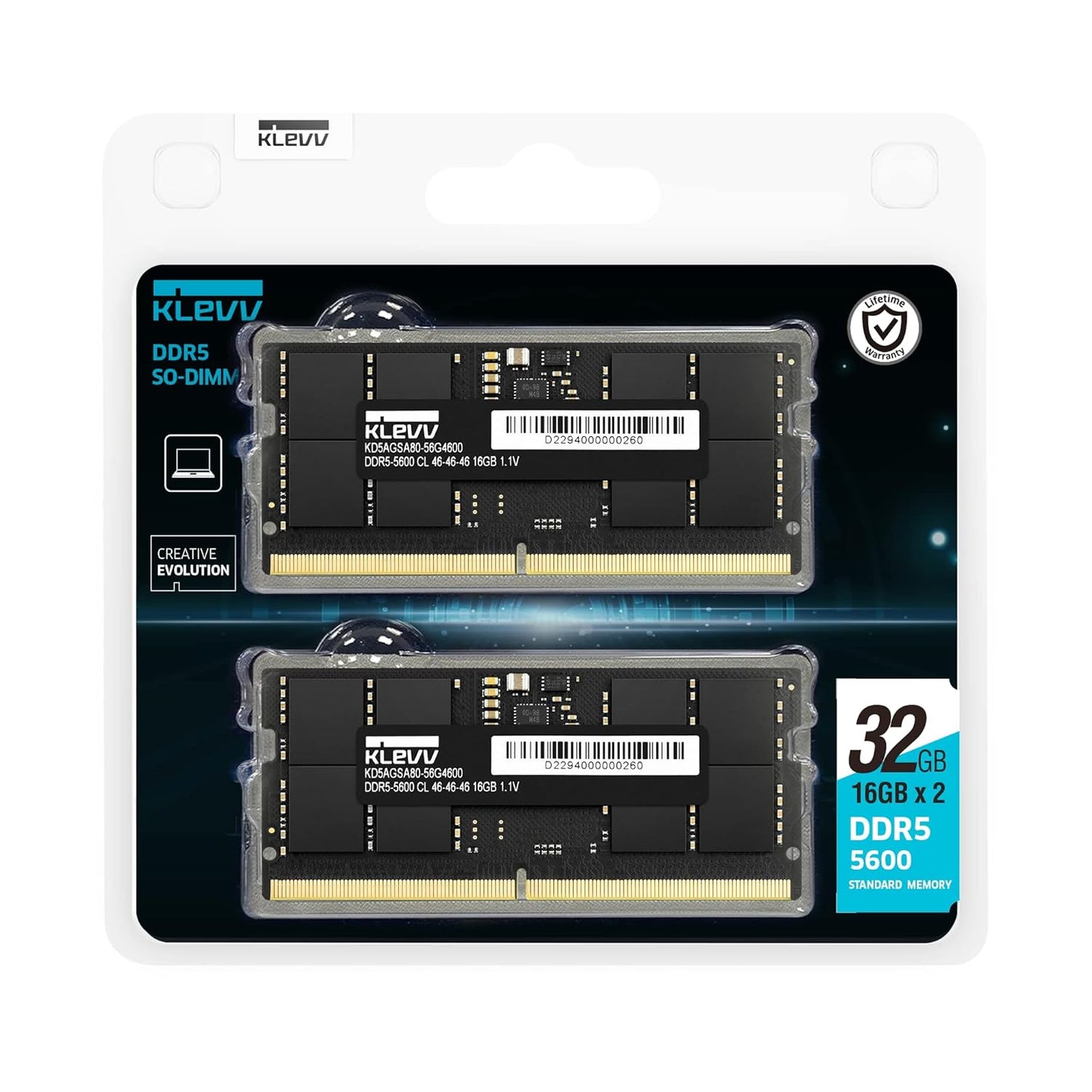 KLEVV DDR5 32GB (2x16GB) 5600MHz CL46 SODIMM SK Hynix A-Die Laptop Ram Memory 1.1V (KD5AGSA80-56G460D)
