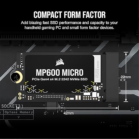 Corsair MP600 Micro PCIe Gen4 x4 NVMe M.2 2242 SSD - 2 TB - sequential Read Write speeds of up to 7,000MB/sec, Ideal for high Performance laptops & notebooks